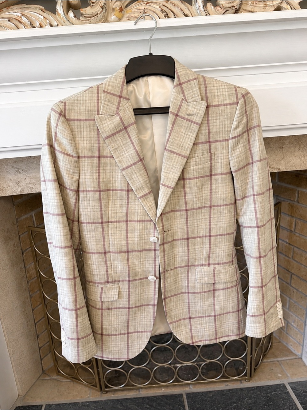 Topman Beige Plaid Sport Coat with Pink Windowpane